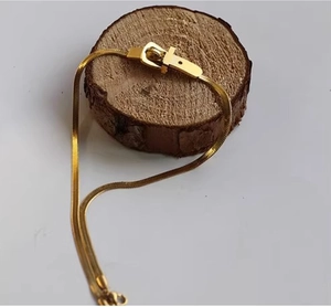 Close-up of gold snake chain necklace with unique belt buckle clasp on wood