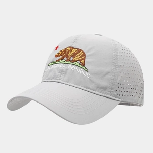 Close-up of California Republic bear embroidery and laser-cut holes on grey baseball cap