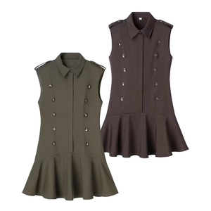 Sleeveless Mini Dress Padded Shoulder Double Breasted Military Style Ruffled Hem Woven Lapel Chic For Women
