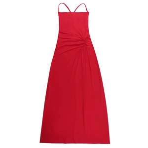 Detailed back view of a red strappy maxi dress showing crisscross ties and side ruching