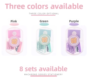 Detail of macaron pastel stationery set in transparent box with bear stickers