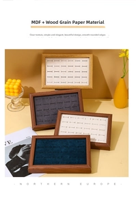 Macro detail of walnut finish jewelry tray with velvet slots for ring and earring display