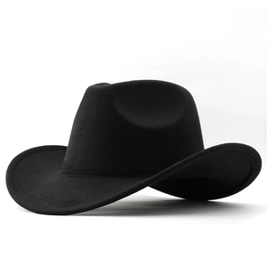 Detail of black felt cowboy hat featuring wide brim and classic western crown structure