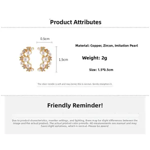 Detailed specifications of moon shaped pearl earrings with dimensions and material info