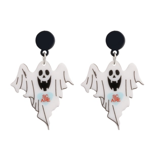Halloween acrylic earrings featuring a white ghost with red SC ARE text on white background