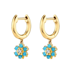 Detail of gold floral hoop earrings with sky blue petals and sparkling zircon center