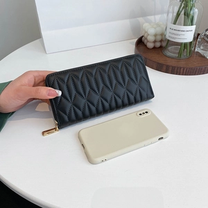 Long black quilted PU leather wallet with zipper closure and large phone capacity