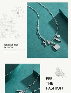 Detailed macro of S925 sterling silver paperclip necklace with zircon pavé charms
