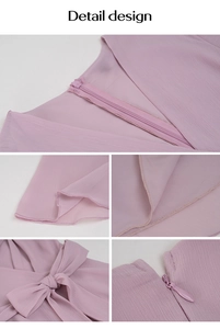 Détails de la robe lilas avec fermeture éclair au dos et nœud papillon décoratif