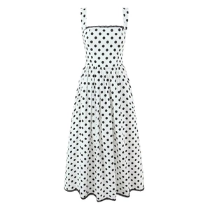Vintage white polka dot midi dress with square neck, lace trim and cinched waist