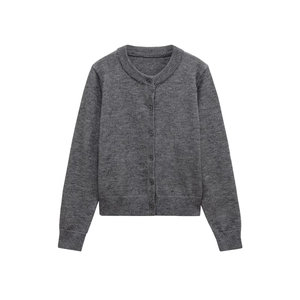 Minimalist dark grey crewneck button-up knit cardigan with ribbed cuffs and hem