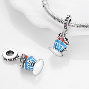 Silver teacup charm with blue enamel and pink zircon for DIY necklaces and bracelets