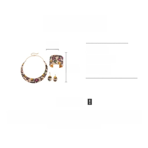 Dettaglio set gioielli leopardati in resina con dimensioni collana, bracciale e orecchini
