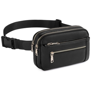 Detail of black leather waist bag featuring multi-zipper pockets and adjustable buckle strap