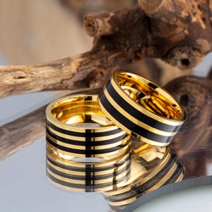Modern gold and black enamel striped titanium steel rings set for men on mirror base