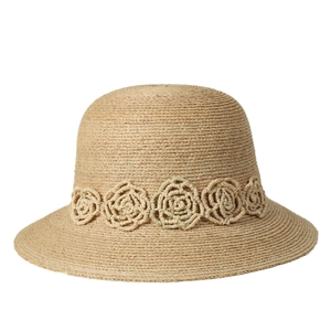 Elegant beige raffia sun hat for women featuring a wide brim and intricate floral embroidery