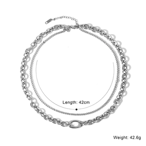 Polished silver double layer stainless steel chain necklace length 42cm weight 42.6g