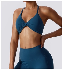 Close-up of dark blue yoga set featuring a front-twist sports bra and high-waist leggings