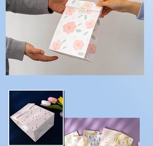 Detailed view of floral gift bags in pink and beige colors with seal stickers