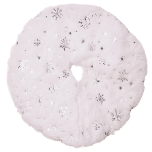 Detailed view of white faux fur Christmas tree skirt featuring silver sequin snowflakes