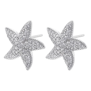 Elegant silver starfish stud earrings featuring full cubic zirconia pavé setting