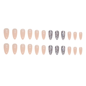 24pcs almond press-on nails featuring nude pink polish and silver glitter accents