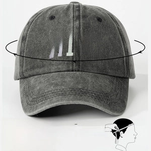 Dark gray washed cotton baseball cap with MIMI embroidery and head size guide