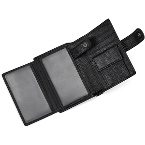 Internal view of black genuine leather trifold wallet with card slots and a coin pocket
