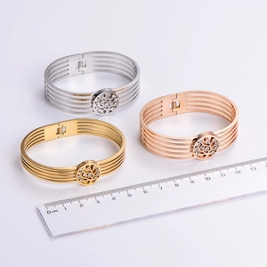 Three-tone hollow tree of life bangle set in gold silver and rose gold with rhinestones