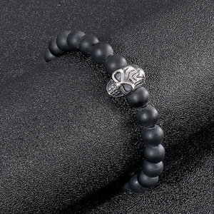 Men Beaded Bracelet With 316L Stainless Steel Skull Charm Matte Black Agate Stones Punk Rock Gothic Style Jewelry