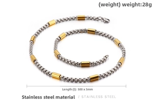 Detail of stainless steel necklace showing 500mm length and 28g weight on white background