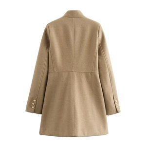 Rear view of khaki wool coat featuring standing collar and gold decorative cuff buttons