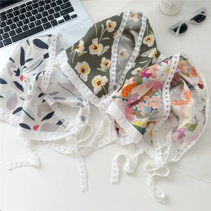 Three floral cotton triangle headscarves with white lace trim for hair decoration