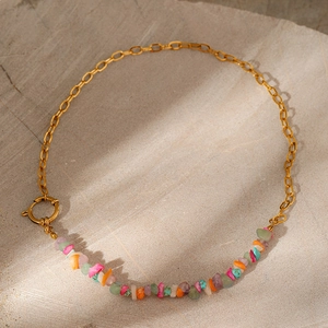 Bohemian irregular colorful natural stone necklace with gold stainless steel chain