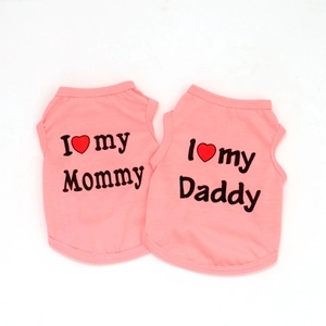 Detailed view of pink cotton pet vest with I Love My Mommy heart print for small dogs