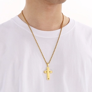 Golden double-layered hollow cross pendant necklace with twist chain for men and women