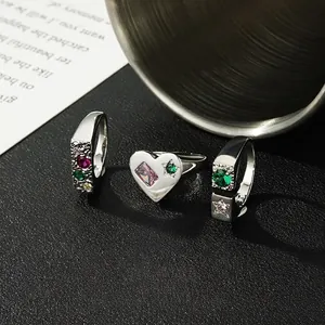 Herz Offener Ring Kupfer Rosa Grün Bunte Zirkon Geometrisch Minimalistisch Luxus Mode Schmuck Für Damen