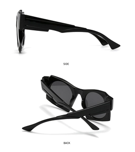 Side and back view of thick black frame sunglasses with dark grey lenses in professional layout