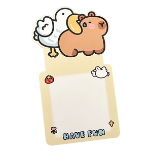 Cute capybara and duck cartoon card holder with rectangular writing space on white backdrop