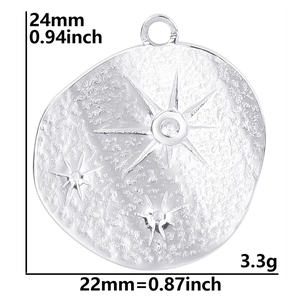 Detail view of round star pendant with 24mm size measurements and weight specifications