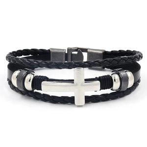 Men Vintage Multi-layer Braided Leather Bracelet With Metal Cross Charm And Beads Retro Punk Style Religious Jewelry
