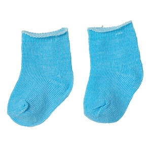 Close-up of blue ribbed knit doll socks with white trim for 18 inch girl dolls