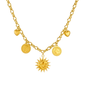 Collier chaîne punk dorée avec pendentifs cœur, pièce de monnaie et visage soleil-lune