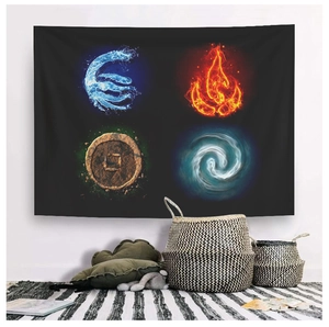 Detail of artistic four elements tapestry featuring water fire earth and air symbols