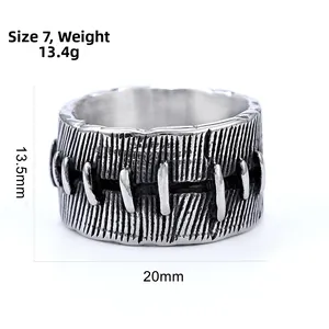 Detail view of dark punk stitch style ring showing dimensions 20mm width and 13.4g weight
