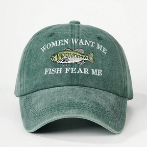 Vintage green washed cotton baseball cap with Women Want Me Fish Fear Me embroidery