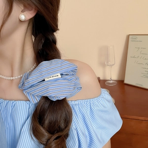Close-up of a blue striped fabric scrunchie with Andrea label on a braided hairstyle