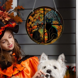 Halloween black cats acrylic suncatcher ornament with autumn leaves window backdrop