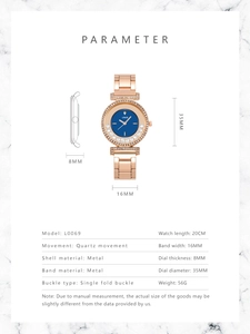 Detailed specs of rose gold quartz watch with blue dial and sparkling crystal ring