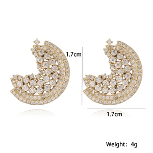 Detailed view of 18K gold plated moon earrings with zircon and size specifications
